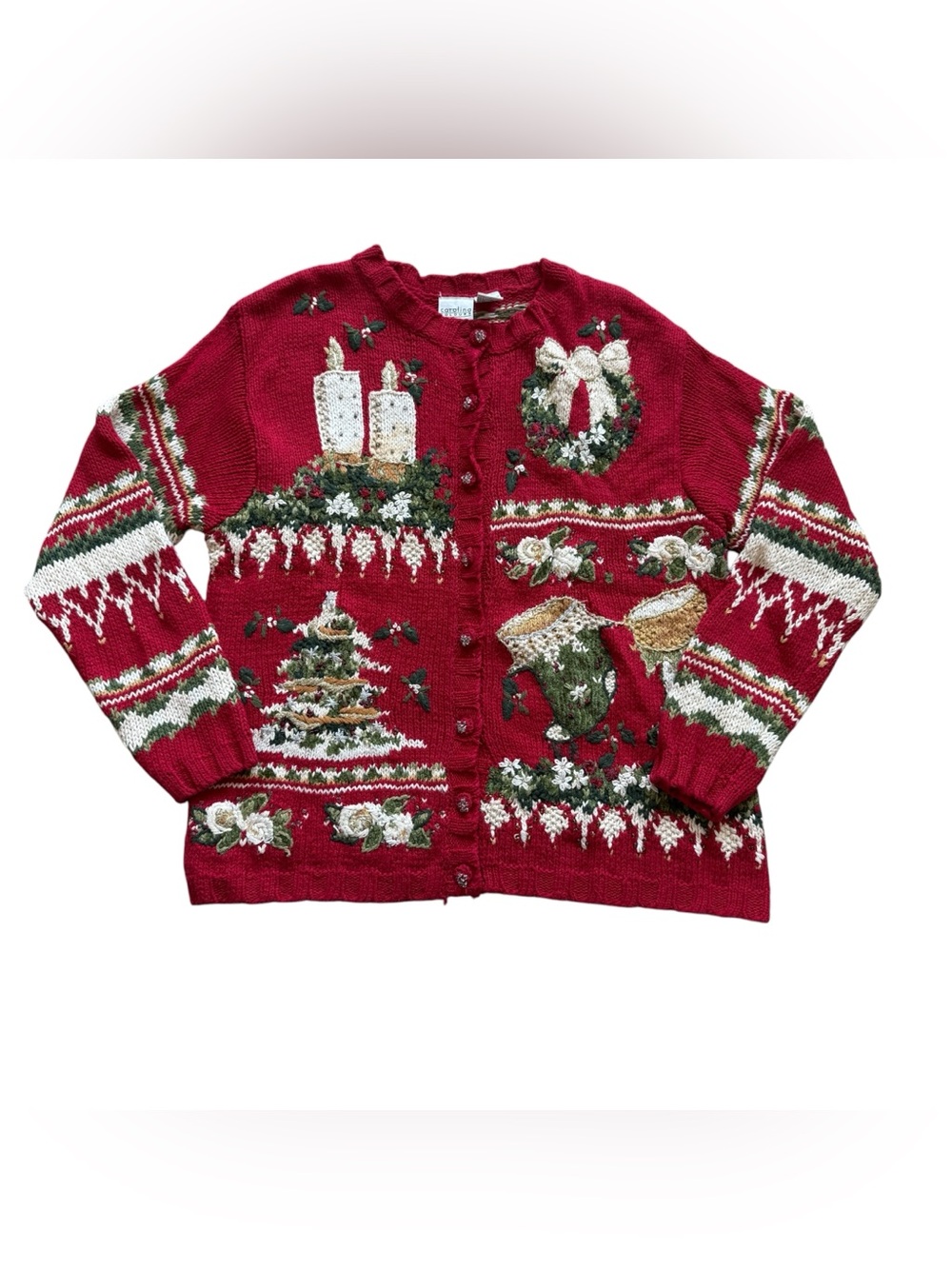 Vintage 90s Carolina Colours Christmas Cardigan Beaded Embroidered Sweater Red M